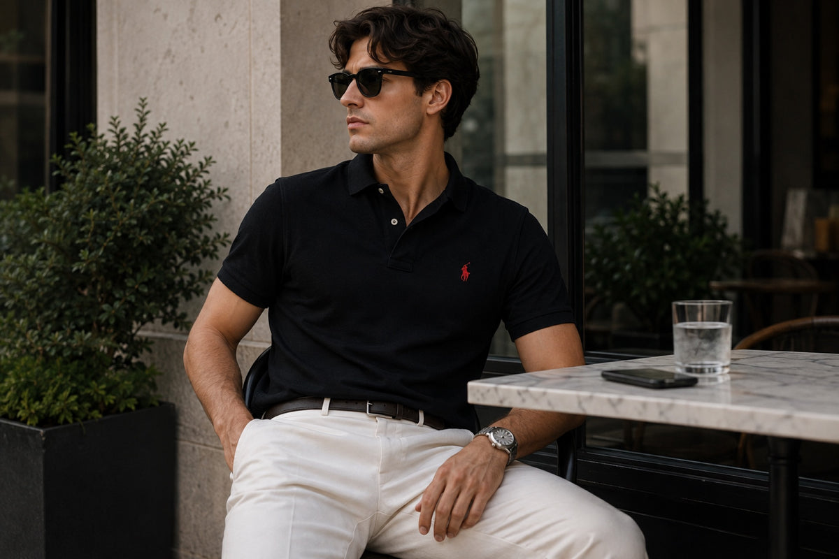 Hombre con polo negro en una terraza
